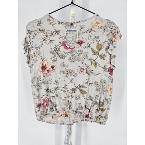 Xhilaration Womens Sz M Short Flutter Sleeve Blouse Gray Pink Floral Crochet - Picture 4 of 4